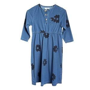 Sugar Moon Blue Denim Floral Motif Knee Length Dress 3/4 Sleeves Girls 12